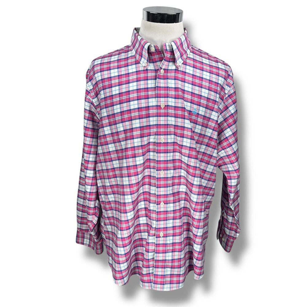 Brooks Brother Oxford Shirt Men’s 2XL XXL Pink Blue White Plaid‎ Button-Down